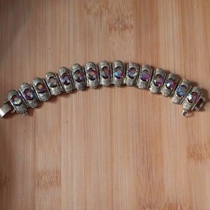 VINTAGE CORO RAINBOW PEACOCK AURORA BOREALIS RHINESTONE CRYSTALS WIDE BRACELET